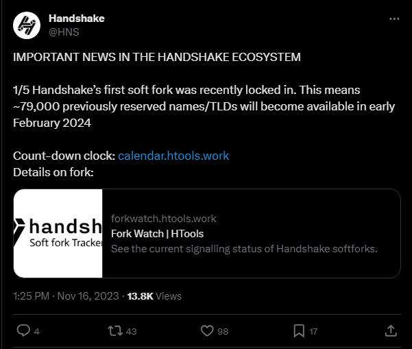 Handshake Twitter account announcing fork